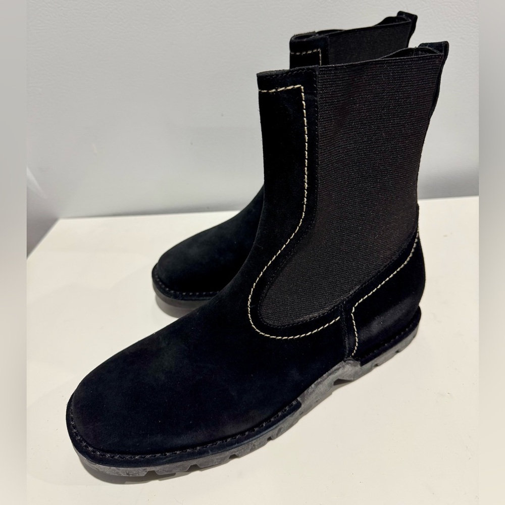 Cole Haan suede Chelsea boots with elastic enclosure mechanism. Extremely chic